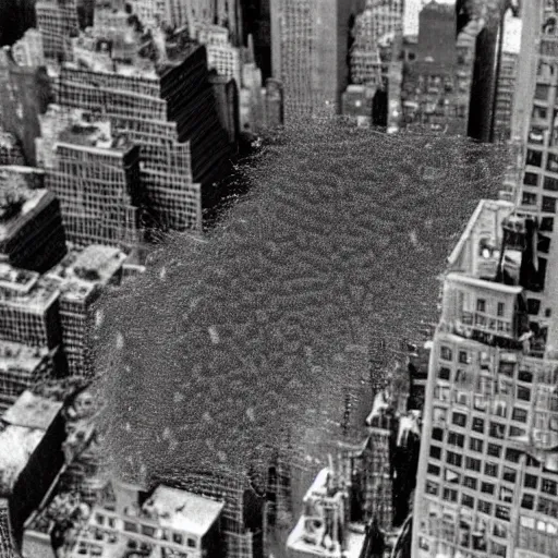 Prompt: 1 9 9 2 vhs footage of a gargantuan infestation of wasp like creatures and hives in new york city, aerial shot, blurry, grainy