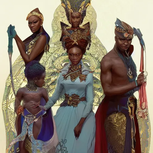 Prompt: an african royal family, kemetic, D&D, fantasy, intricate, elegant, highly detailed, digital painting, artstation, concept art, matte, sharp focus, illustration, art by Artgerm and Greg Rutkowski and Alphonse Mucha