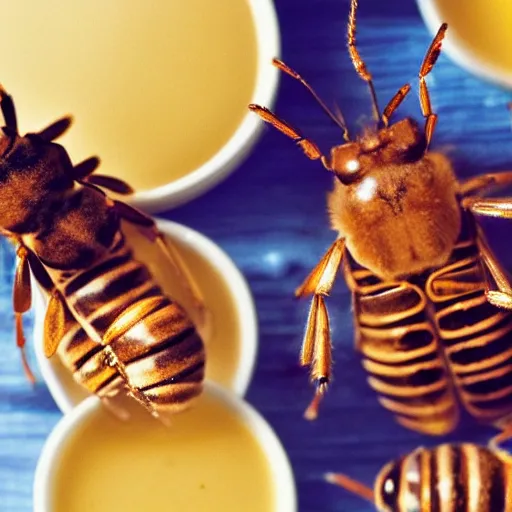 Prompt: insects at a party drinking honey and milk.