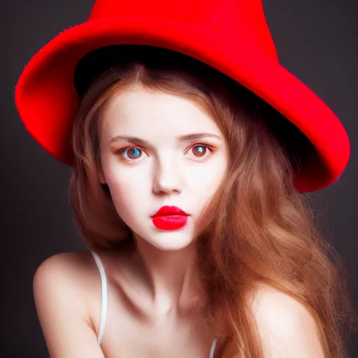 Image similar to fine art portrait photography half - length portrait of stunning girl in a red hat and black dress, kodak portra 4 0 0, 8 k, soft light, volumetric lighting, highly detailed,,