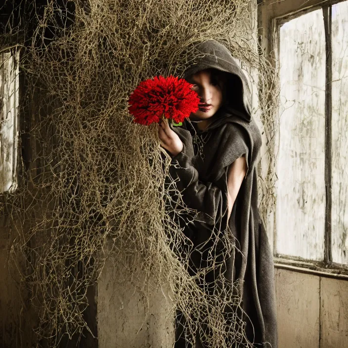 Prompt: a woman wearing a hooded cloak made of zinnias and barbed wire, in a derelict house, by Zhang Jingna, natural light, detailed face, CANON Eos C300, ƒ1.8, 35mm, 8K, medium-format print