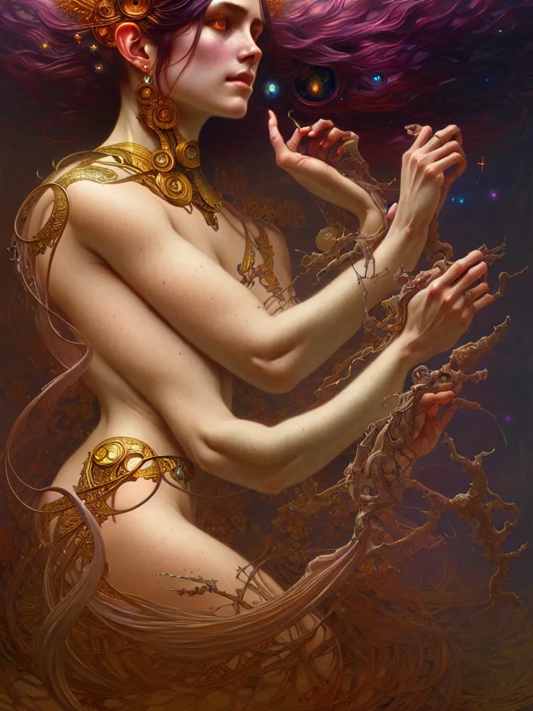 Image similar to ultra realistic, cosmic goddess, intricate details, eerie, awakening, artstation, atmospheric, highly detailed, photorealistic, hyperrealism, 8k, art by artgerm and greg rutkowski and alphonse mucha