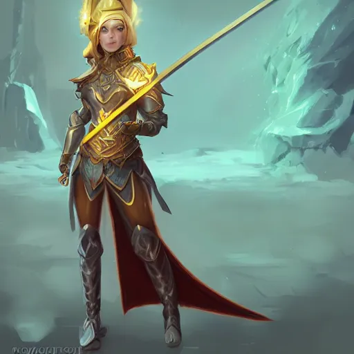 Image similar to a woman in armor holding a sword and floating magic golden gem, concept art by senior character artist, polycount contest winner, vanitas, artstation hd, concept art, 2d game art