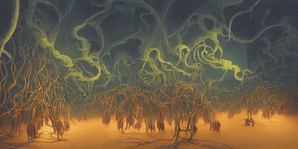 Prompt: Artwork by Michael Whelan of the cinematic view of a brutal realm of secretive tropical rainforests, sublittoral jellyfish schools, and soft-sanded coastlines, illuminated only by dim, distant light from a far sun.