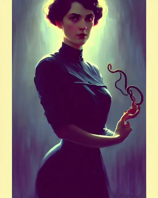 Image similar to stylized portrait of an artistic pose, composition, young victorian sad fancy lady, surrounded by snakes, cinematic moody colors, realistic shaded, fine details, realistic shaded lighting poster by ilya kuvshinov, magali villeneuve, artgerm, jeremy lipkin and michael garmash and rob rey