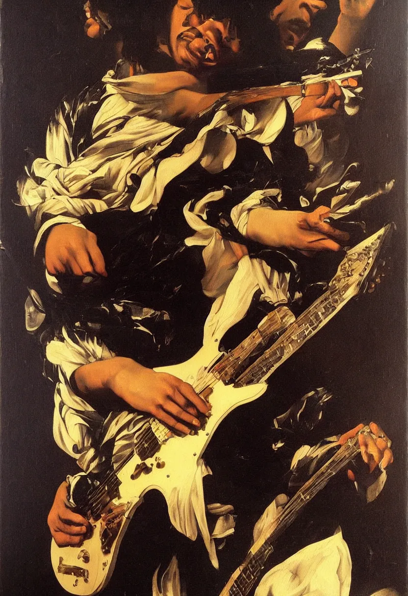 Image similar to Jimy Hendrix playing electric guitar, oil painting by Caravaggio, masterpiece