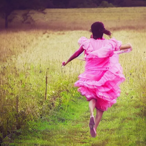 Prompt: a woman in pink frills running around in a field, photograph, photorealistic, award winning photo