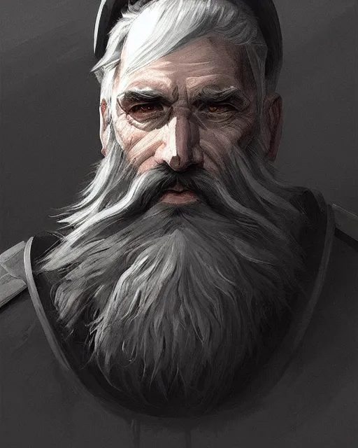 Image similar to a portrait of an old knight with short white beard, grim - lighting, high - contrast, intricate, elegant, highly detailed, digital painting, artstation, concept art, smooth, sharp focus, illustration