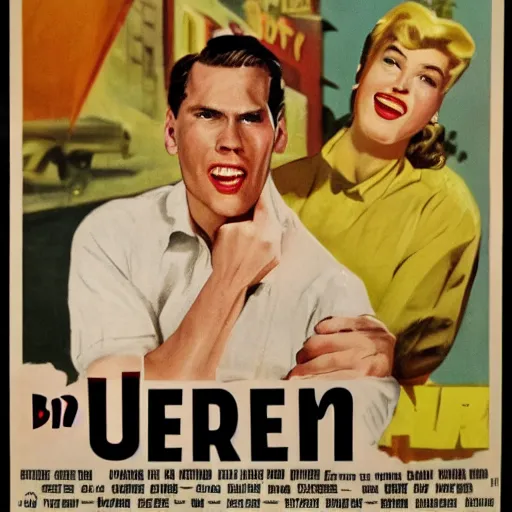 Prompt: Live Action Still of Jerma985 in a film in 1950s art style on a poster, realistic, highly detailed, epic, HD quality, 8k resolution, body and headshot, film still