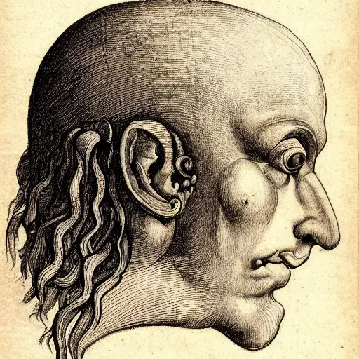 Prompt: head with four faces creature, drawn by da vinci