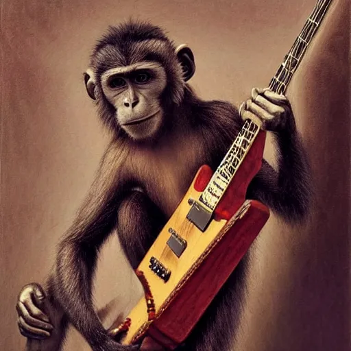 Image similar to Realistic Monkey playing Rudolph Schenker's guitar, by Antonio Caparo and Ferdinand Knab and Greg Rutkowski UHD photorealistic trending on artstation