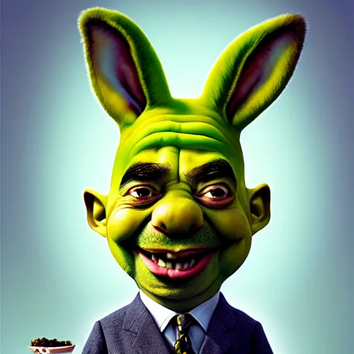 Prompt: hyper realistic, portrait of a derpy mr. bean, big chungus, with bunny ears, shrek skin, grandma, smoking massive amounts of weed, big smile, buck teeth, by greg rutkowski, scott m fischer, artgerm, loish, slight glow, atmospheric, anne stokes, alexandros pyromallis, 4 k, 8 k