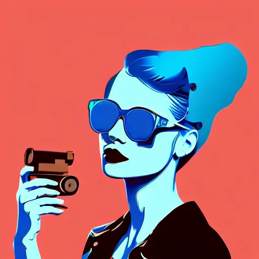 Image similar to a woman with light blue shutter shades in front of a sunset, a dark brown leather jacket, one side brown haircut with blue tips on the end, vector art by jan tengnagel, pixabay contest winner, retrofuturism, retrowave, synthwave, outrun, portrait, synthwave