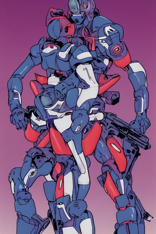 Image similar to boomers from bubblegum crisis at dusk, a color illustration by masamune shirow