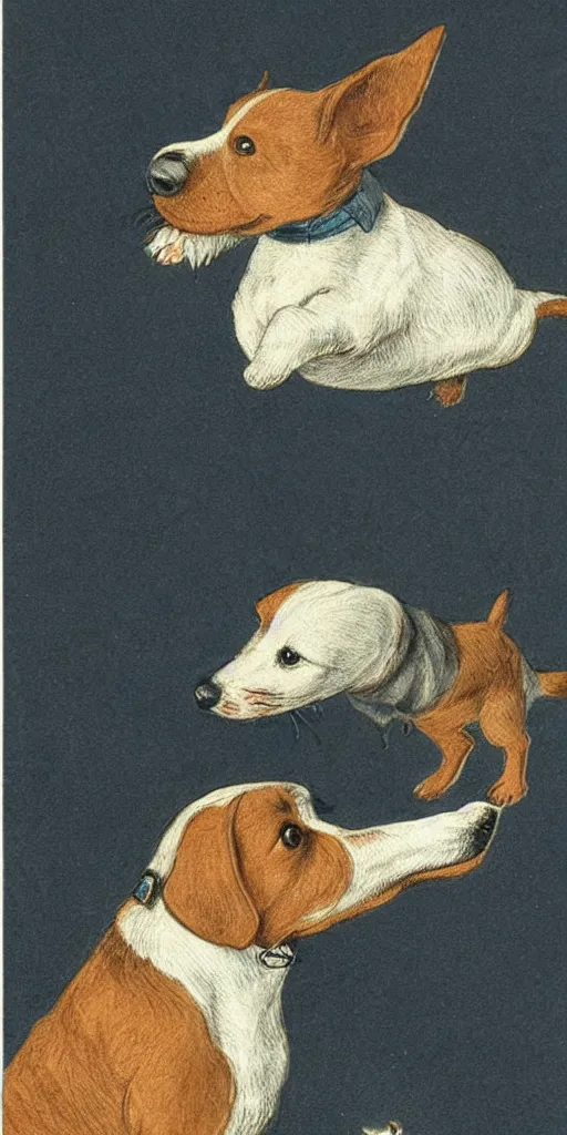 Image similar to candid portrait of jack russel dog howling sad, night sky, highly detailed, side view, illustrated by peggy fortnum and beatrix potter and sir john tenniel