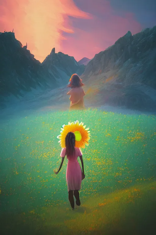 Image similar to giant daisy flower head, girl walking in the mountains, surreal photography, sunrise, dramatic light, impressionist painting, colorful clouds, digital painting, artstation, simon stalenhag