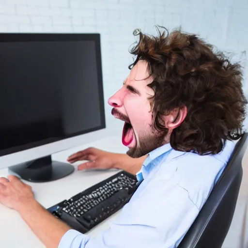 Prompt: Programmer nerd screaming at the computer, realistic photo