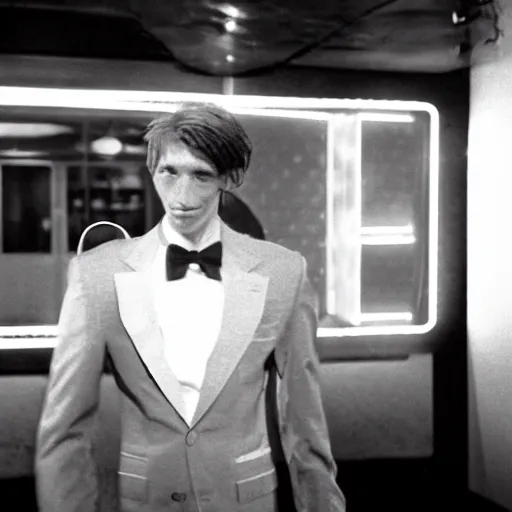 Image similar to movie scene still frame of a stern and pale man in a beige peak lapel suit threatening someone with a comically large spoon and standing near a nightclub, neon lighting, kodak gold 200 film