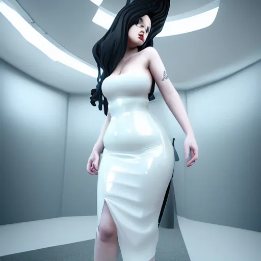 Image similar to an elegant curvy feminine pale goth cutie wearing an elaborate tight latex-nylon-leather white tube gown, thin waist, tube-top dress, cgsociety, photorealistic, sublime comforting ambience, 16k, smooth, sharp focus, trending on ArtStation, volumetric lighting, worksafe