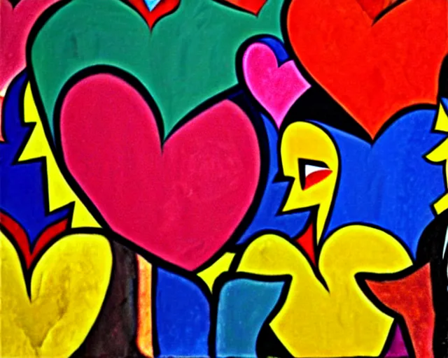 Image similar to Layered colorful hearts in guernica style