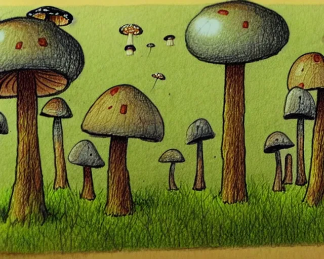 Prompt: forest with tall mushrooms, small house is in the center, detailed drawing