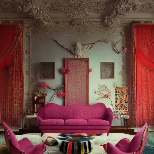 Prompt: A living room with interior design by Tom Bagshaw and Yayoi Kusama