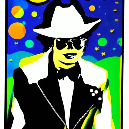 Image similar to paining of Michael Jackson moon walking, pop art, white suit and hat