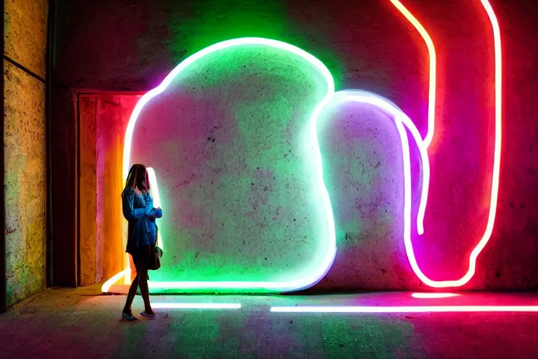 Image similar to A photograph of a woman standing in a snail shape interior space with an arched door glowing white at the end, neon colors,F3.5,ISO640,18mm,1/60,Canon EOS 90D.