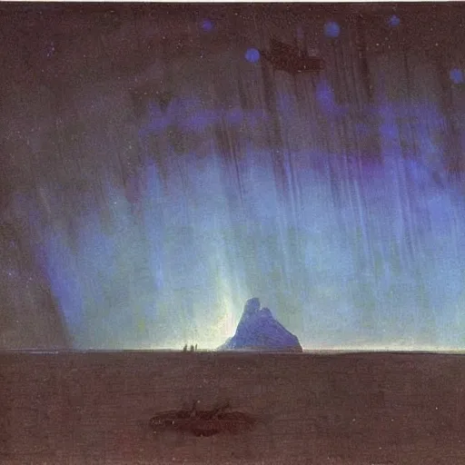 Image similar to the epic abstract painting'blue arctic void with black and red aurora borealis above a tiny inuit village ', by caspar david friedrich!!!, by rothko!!!, stunning masterpiece, trending on artstation