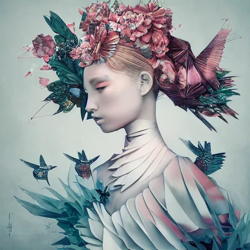 Image similar to 3 / 4 view of a beautiful girl wearing an origami dress, eye - level medium shot, fine floral ornaments in cloth and hair, hummingbirds, elegant, by eiko ishioka, givenchy, banksy, by peter mohrbacher, centered, fresh colors, origami, fashion, detailed illustration, vogue, japanese, reallusion character creator