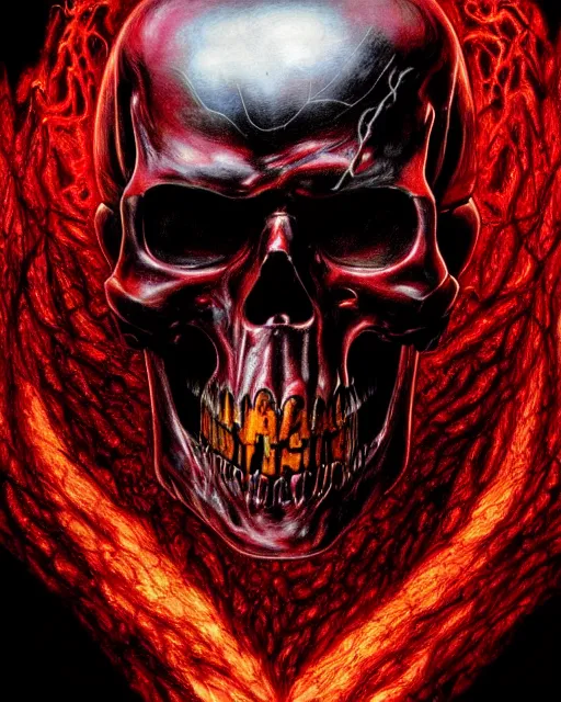 Image similar to red fiery eyes spawn - terminator skull - ghost rider - hybrid, supervillains, intricate artwork, concept art, eyes octane render, deviant art, cinematic, key art, hyperrealism, iridescent accents, portrait photograph, in hell, nikon 3 5 mm, ridley scott, moebius, dan mumford, jim lee