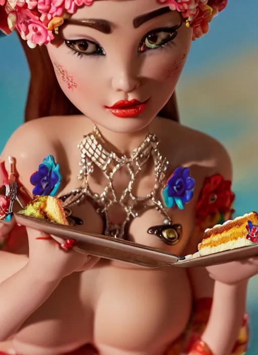 Image similar to closeup of a tin toy bikini girl eating cakes, depth of field, zeiss lens, detailed, symmetrical, centered, fashion photoshoot, by nicoletta ceccoli, mark ryden, lostfish, earl nore, hyung tae, frank frazetta, breathtaking, 8 k resolution, extremely detailed, beautiful, establishing shot, artistic, hyperrealistic, octane render