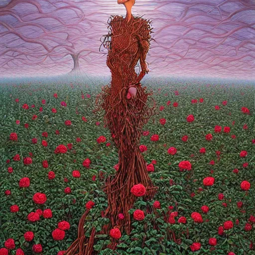 Prompt: a woman standing on a pile of vines and roses by jacek yerka, alex gray, zdzisław beksiński, dariusz zawadzki, jeffrey smith and h.r. giger, oil on canvas, 8k highly professionally detailed, trending on artstation