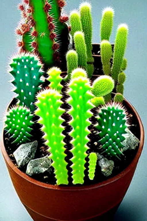 Image similar to crystals shaped like exotic succulent fern strange cacti, a potted plant made of gemstones in a windowsill