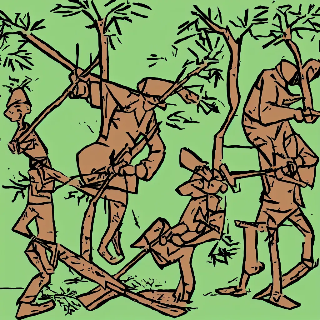 Image similar to xkcd style illustration of a stick figure, trying to chop a tree with a blunt axe.