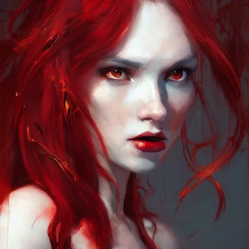 Prompt: succubus girl, long red hair, beautiful features, portrait, painting by alphonse muca, greg ruthowski, craig mullins, ruan jia, wlop, very beautiful and detailed, artstation, high quality