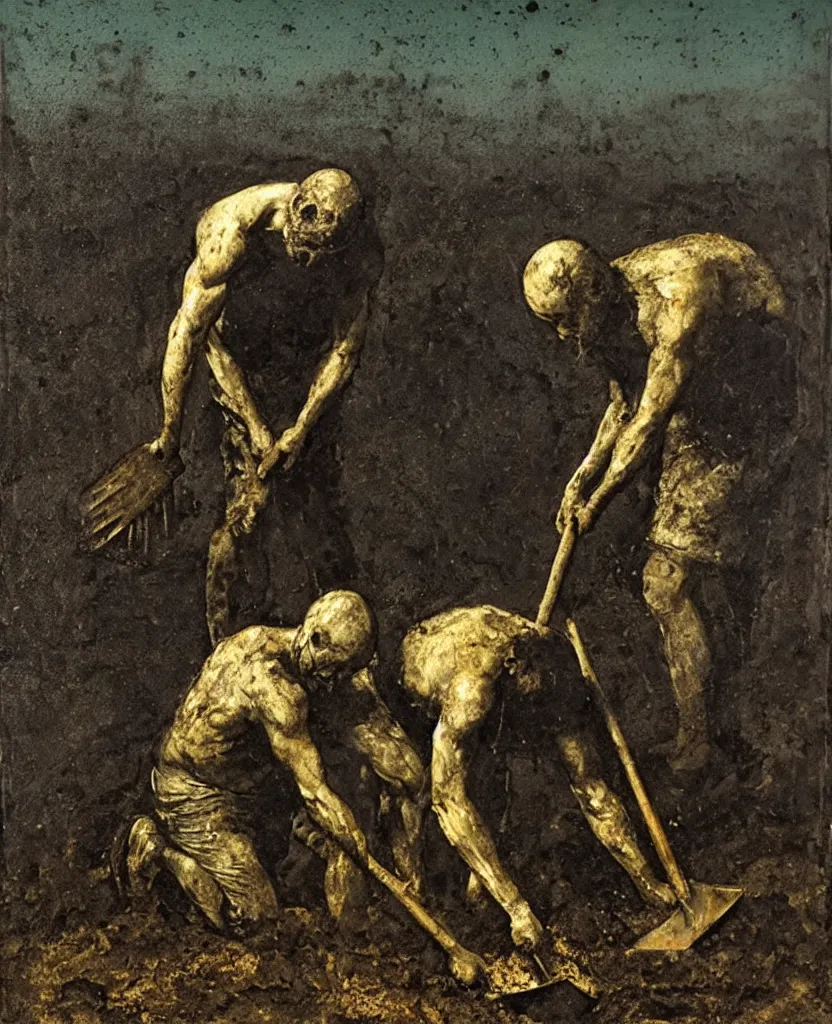 Image similar to a man with a shovel standing digging up a grave with a dead body, by Nicola Samori, painting, 8k, high detail, subtle blue, orange, and dark green tones, high quality, high detail, dark colors, sinister atmosphere, dramatic lighting, cinematic, establishing shot, extremely high detail, photo realistic, cinematic lighting