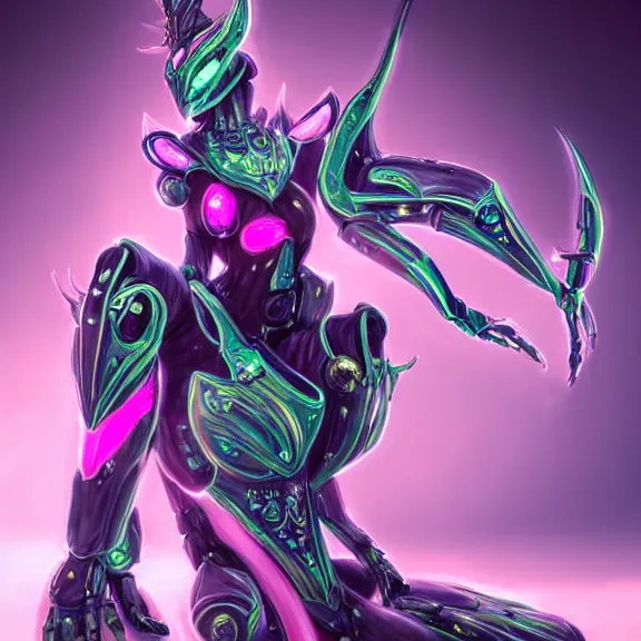 Image similar to highly detailed exquisite fanart, of a beautiful female warframe, but as an anthropomorphic robot dragon, sitting on a soft green sofa, with robot dragon head, doing an elegant pose, off-white plated armor, bright Fuchsia skin, full body shot, epic cinematic shot, realistic, professional digital art, high end digital art, DeviantArt, artstation, Furaffinity, 8k HD render, epic lighting, depth of field