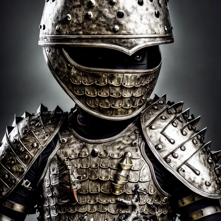 Image similar to photo of a warrior with metal crocodile themed armour and helmet, highly detailed, 4 k, hdr, smooth, sharp focus, high resolution, award - winning photo