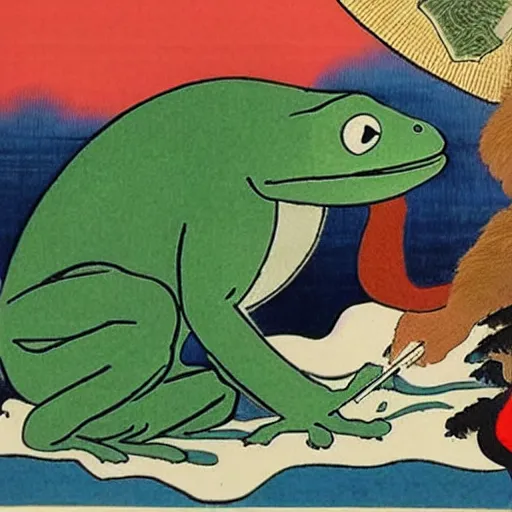 Prompt: A beautiful ukiyo-e painting of Bob Ross blessing Kermit the frog