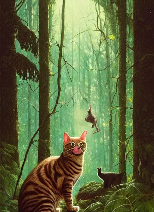 Image similar to a hyper realistic illustrated cat with happy lighting playing in the woods gorgeous lighting, sunbeams blue sky, lush forest foliage painting by chiara bautista and beksinski and norman rockwell and greg rutkowski weta studio, and lucasfilm