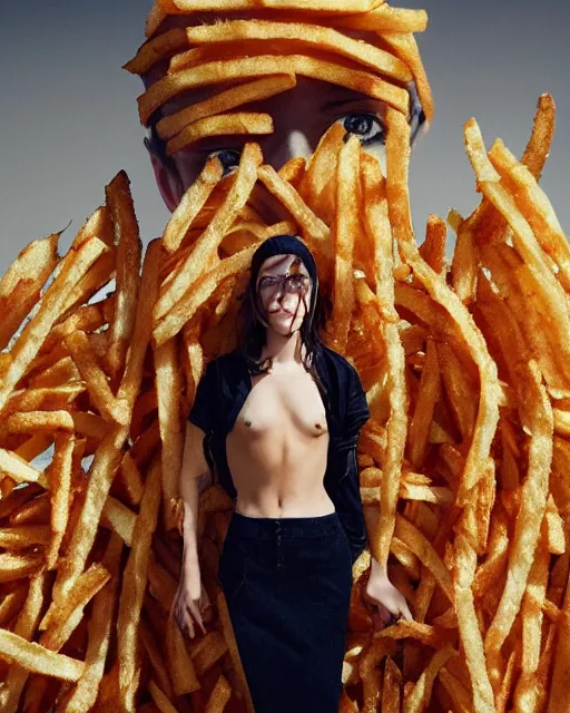 Image similar to hila klein, wearing an oufit made from french fries, modern fashion, half body shot, photo by greg rutkowski, female beauty, f / 2 0, symmetrical face, warm colors, depth of field