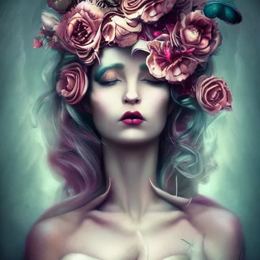 Image similar to of a woman, surreal Portrait inspired by Natalie Shau, Anna dittmann,flowers with horns, jewellery,cinematic
