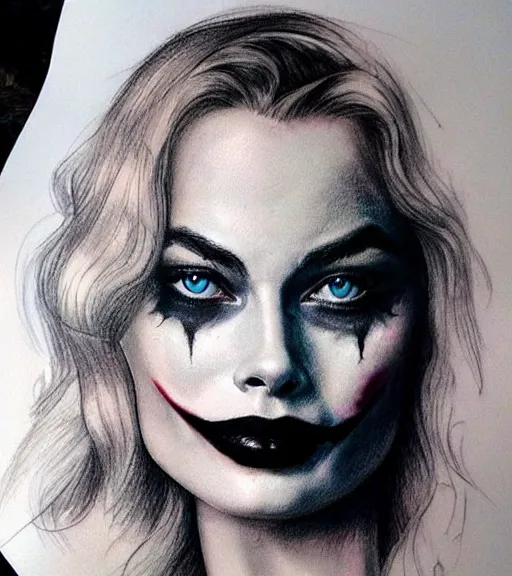 Image similar to tattoo design sketch of beautiful margot robbie portrait with joker makeup, in the style of den yakovlev, realistic face, black and white, realism tattoo, hyper realistic, highly detailed, faded drawing