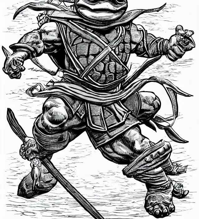 Image similar to Raphael the Ninja Turtle from the Dungeons and Dragons Monster Manual, line art illustration, 1981, high detail