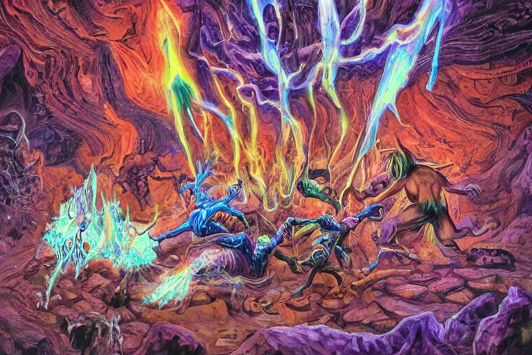 Prompt: Demons Fighting over Time Crystals in the Caves, psychedelic, dire, horrifying, hyperrealistic