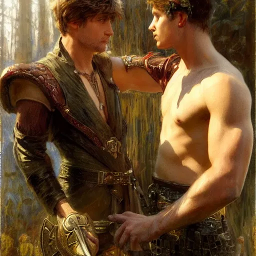 Image similar to attractive arthur pendragon confesses his love to attractive male merlin. highly detailed painting by gaston bussiere, craig mullins, j. c. leyendecker 8 k