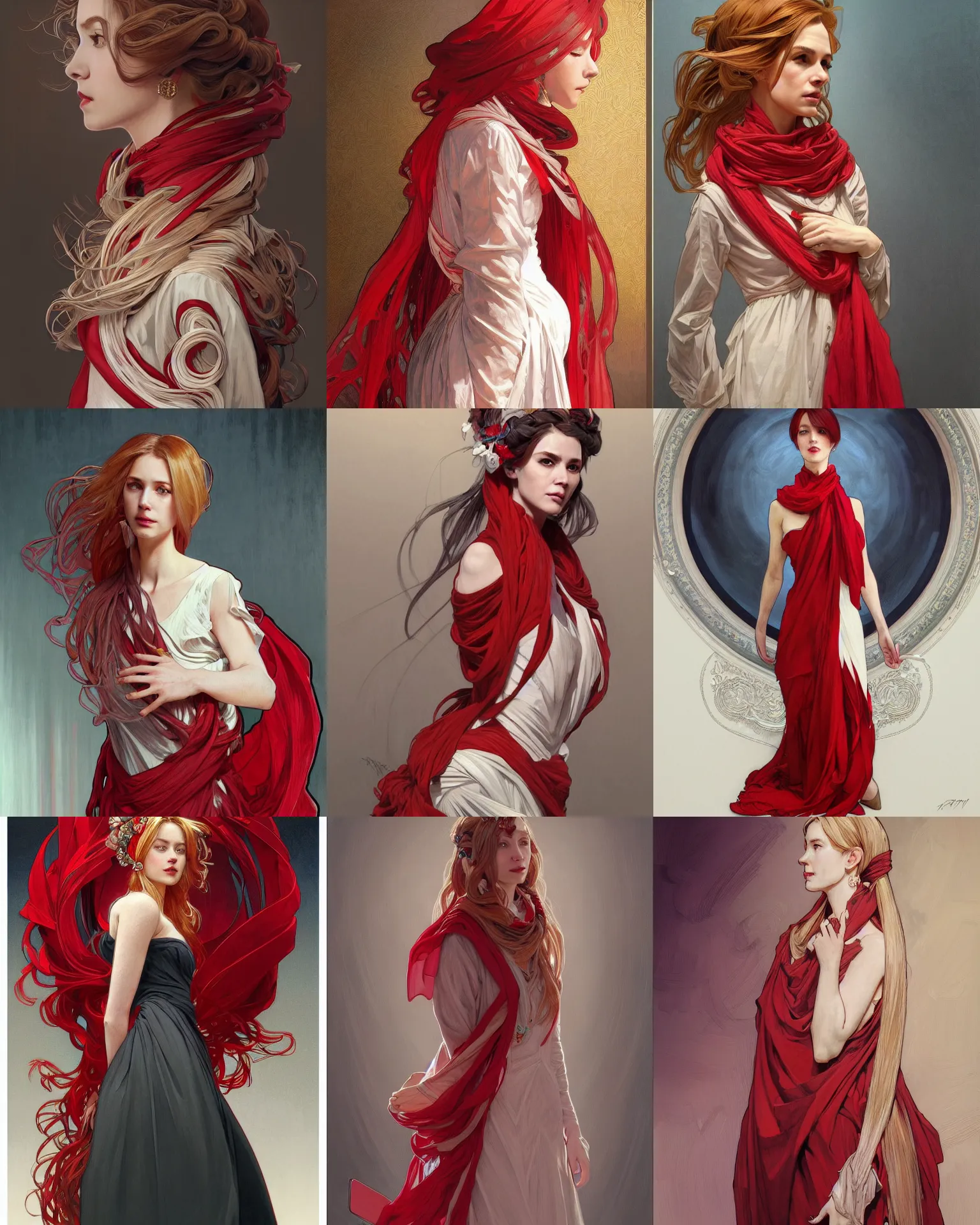 Prompt: Portrait of a museum art curator, abstract dress red white, scarf, long blonde hair, intricate, elegant, highly detailed, digital painting, artstation, concept art, smooth, sharp focus, illustration, art by artgerm and greg rutkowski and alphonse mucha and maya takamura and Hitomi Isono