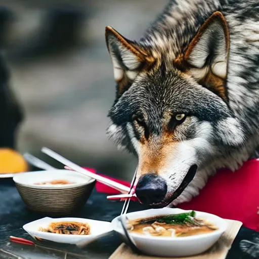 Prompt: photo of a wolf eating ramen