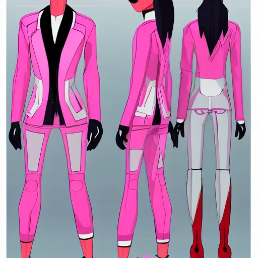 Image similar to y2k character model sheet for a short Japanese girl in a pink and white futuristic sleek motorcycle suit. into the spider-verse animated style